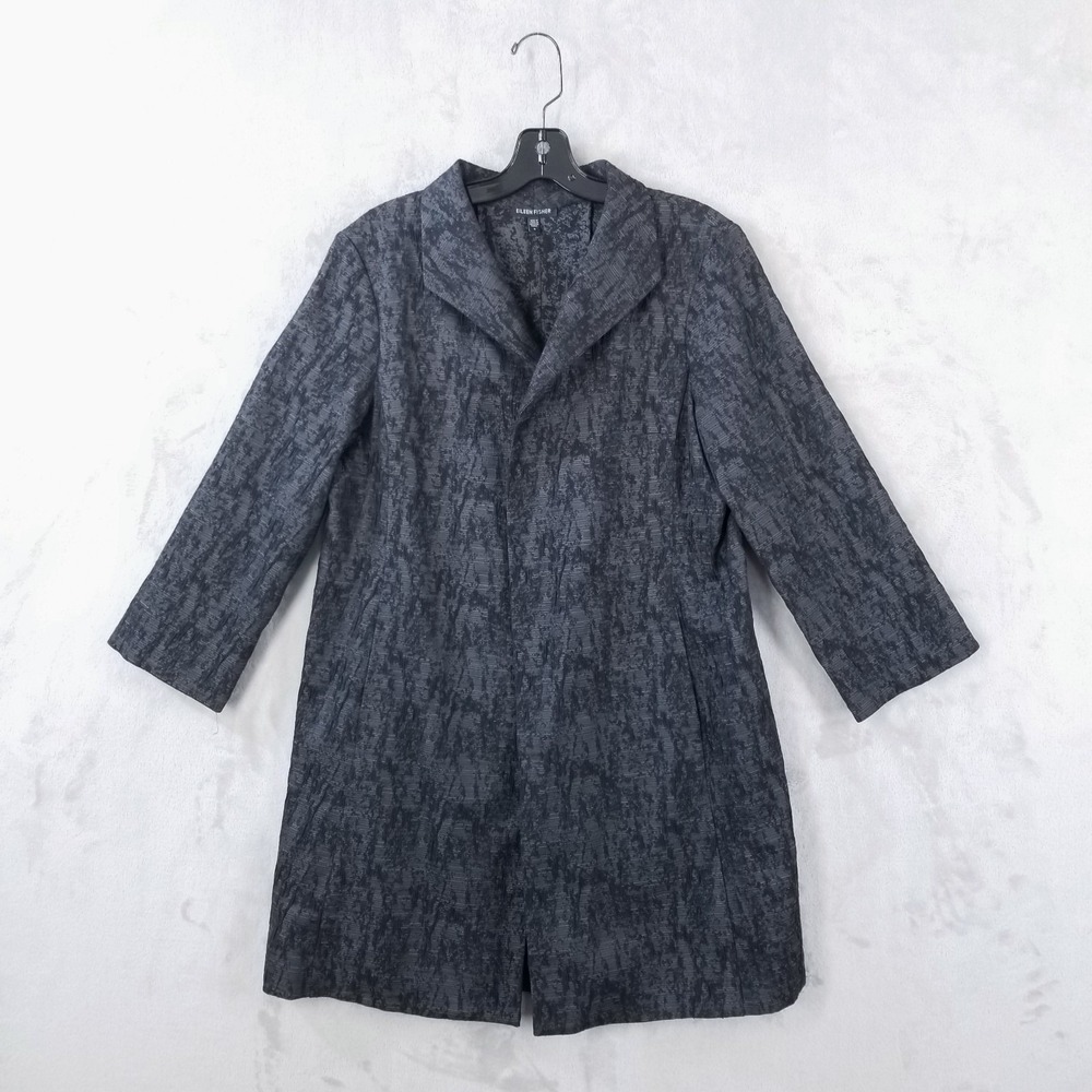 Eileen Fisher Textured Jacket Open Front Back Pleat Pockets Women S Black Modern